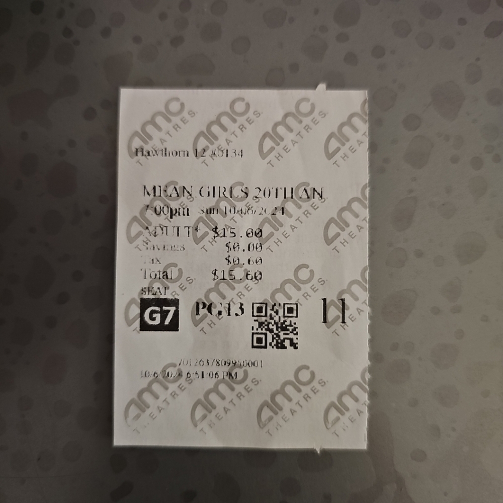 Mean Girls 20th Anniversary - Ticket Stub - AMC - Hawthorn 12 - 10.6.2024